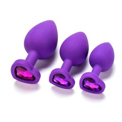 Набор силиконовых анальных пробок "Сердечко" с кристаллом - Фиолетовый - 3 шт (S/M/L) – Анальные игрушки X0000589-4 фото