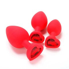 Набір силіконових анальних пробок "Сердечко" з кристалом - Червоний - 3 шт (S/M/L) - Анальні іграшки X0000589-2 фото
