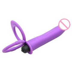 Эрекционное кольцо с вибрацией и фаллоимитатором для двойного проникновения - Фиолетовый – Анальные игрушки X00000170-3 фото